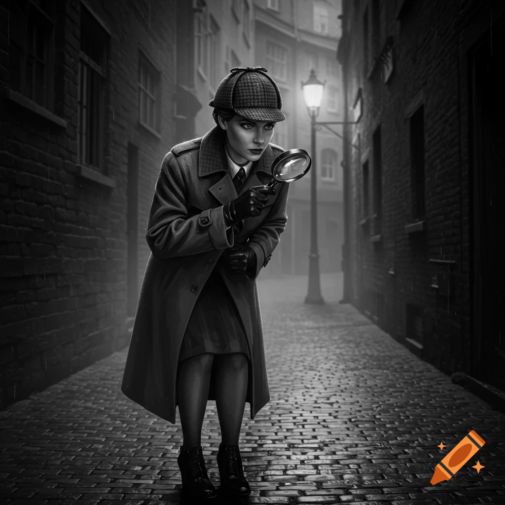 Black and white image of a female detective in a trench coat and deerstalker hat, using a magnifying glass in a dark, rainy alley.