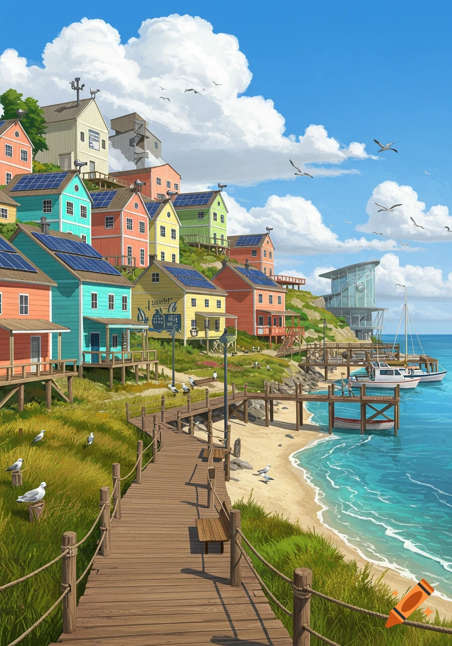 Colorful coastal village on a hill overlooking a beach and boats, with a boardwalk in the foreground, in an illustrative style.