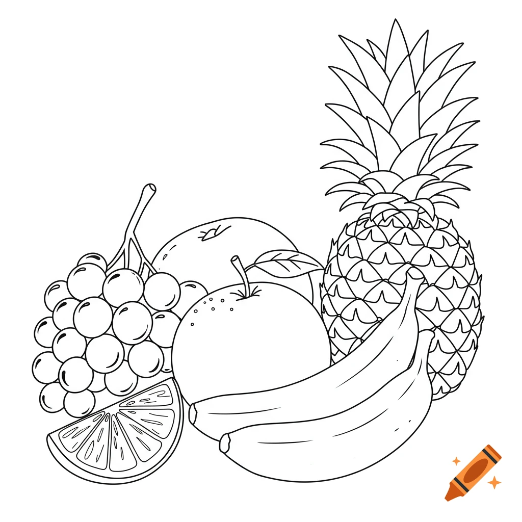 Black and white line art illustration of a pile of fruit including grapes, pineapple, orange, banana, and an orange slice.