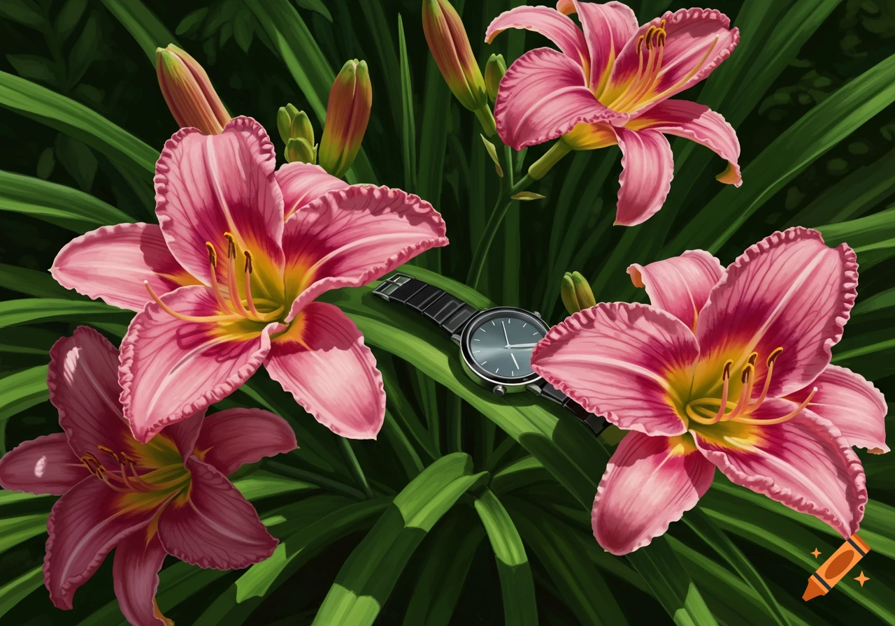 A painted scene of vibrant pink daylilies with a silver watch resting on their green leaves.