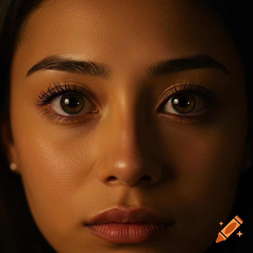 Photorealistic close-up of a young woman's hazel-brown eyes with dark circles and warm olive skin tone, straight-on.
