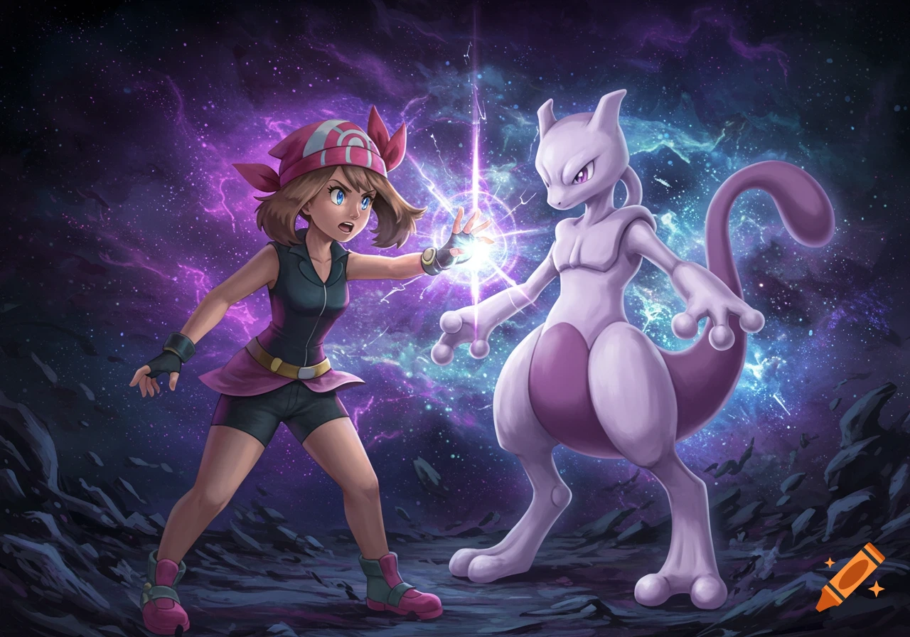 May, a female Pokemon trainer, faces Mewtwo, a psychic Pokemon, in a vibrant cosmic setting with purple and blue energy.