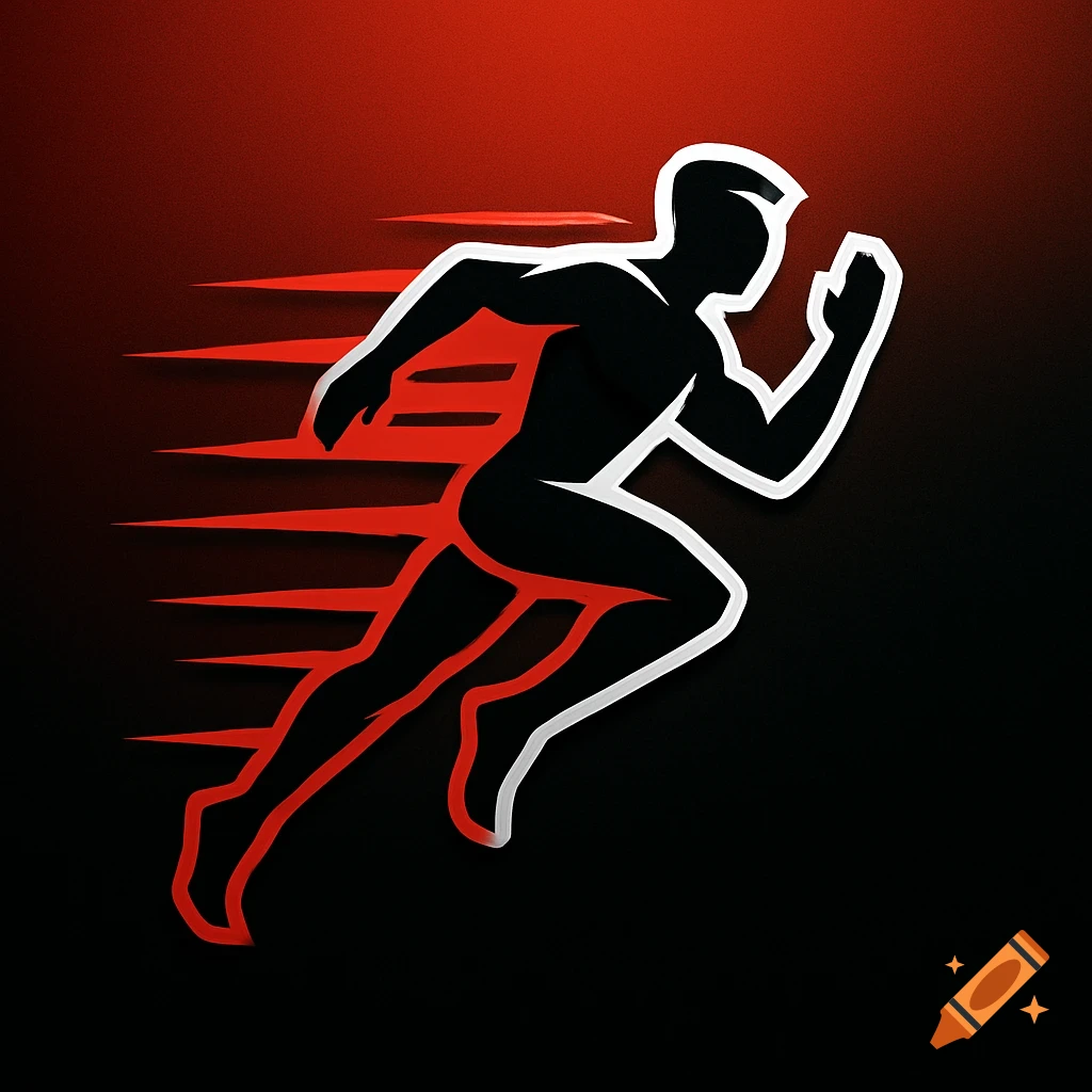 Stylized black silhouette of a runner with a white outline and red motion lines against a red and black gradient background.