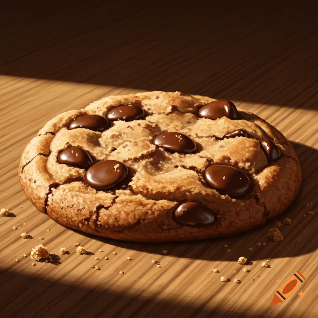 Close-up of a chocolate chip cookie with crumbs on a wooden table, illuminated by a warm light source.