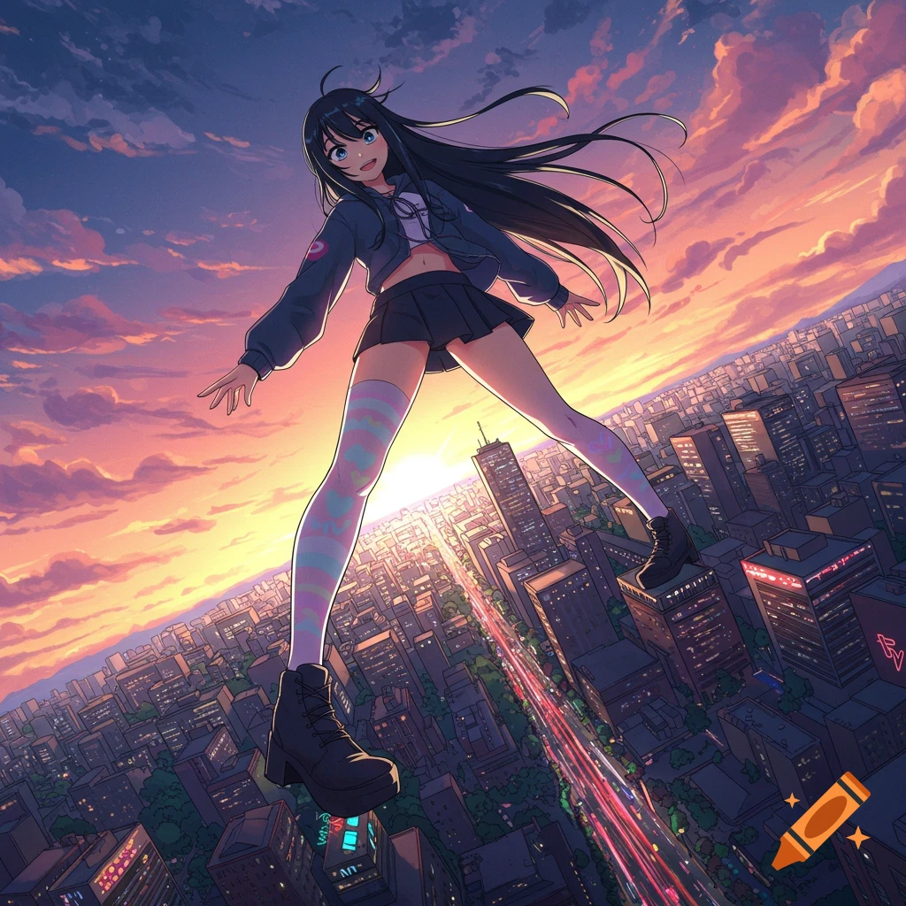 An anime girl with long dark hair floats over a vast city at sunset, viewed from below. She wears a dark jacket, short skirt, and striped stockings.