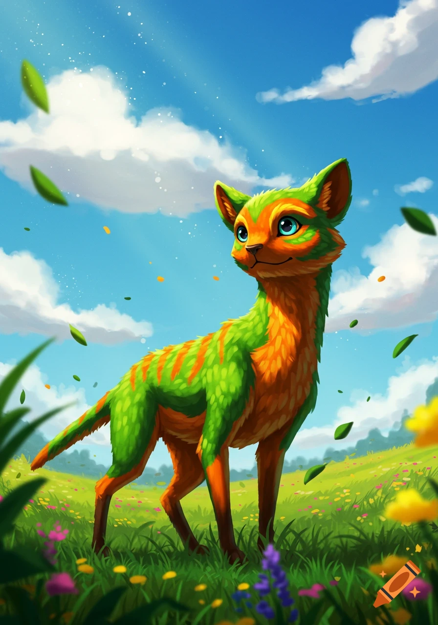 A vibrant, cartoon-style green and orange fantasy animal stands in a grassy field with colorful flowers under a bright blue sky.