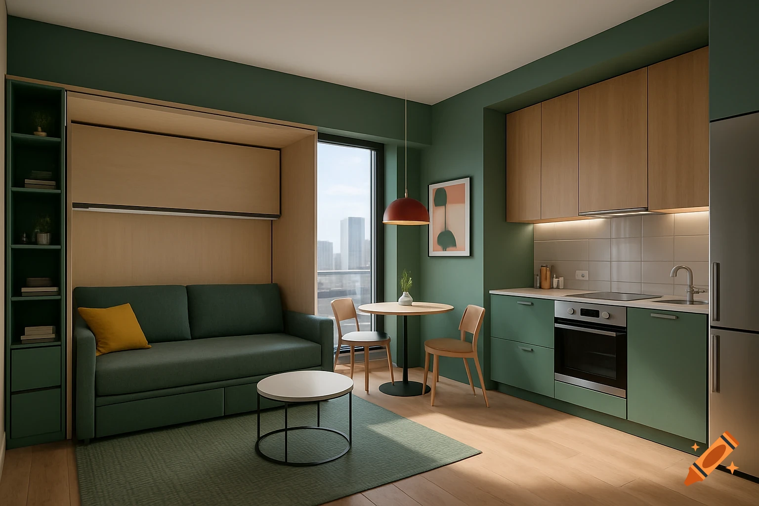 A photorealistic modern studio apartment with green walls, wooden cabinets, a green sofa, and a compact kitchen area.