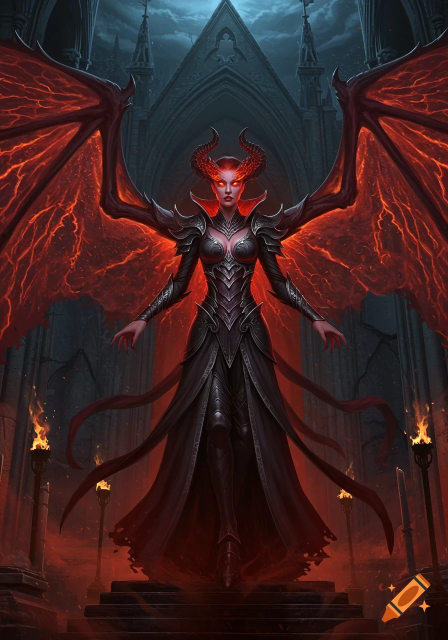 A menacing demoness with red horns, glowing eyes, and fiery wings stands in a dark gothic archway with torches.