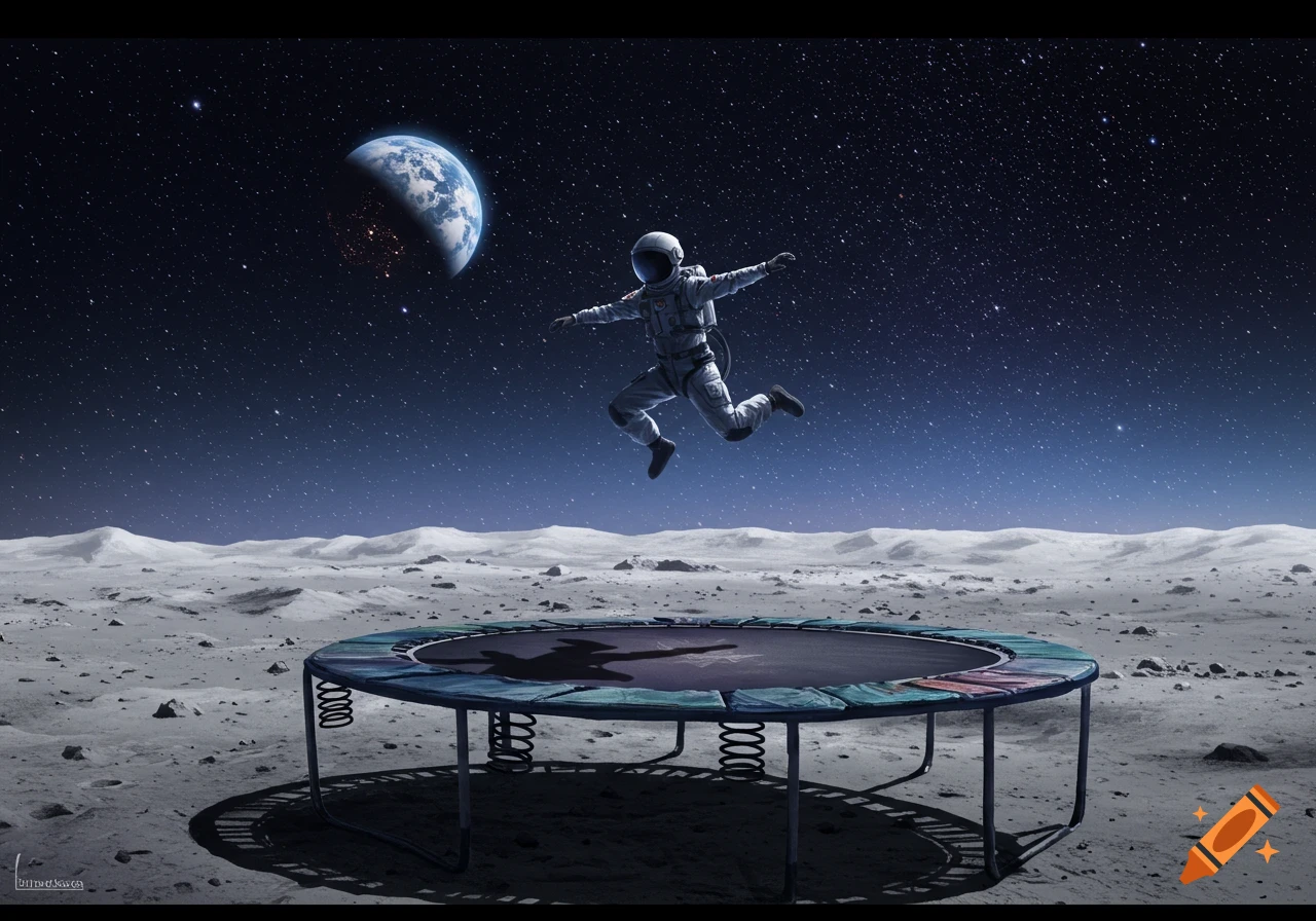 An astronaut jumps high above a trampoline on the moon's surface, with Earth and stars in the background.