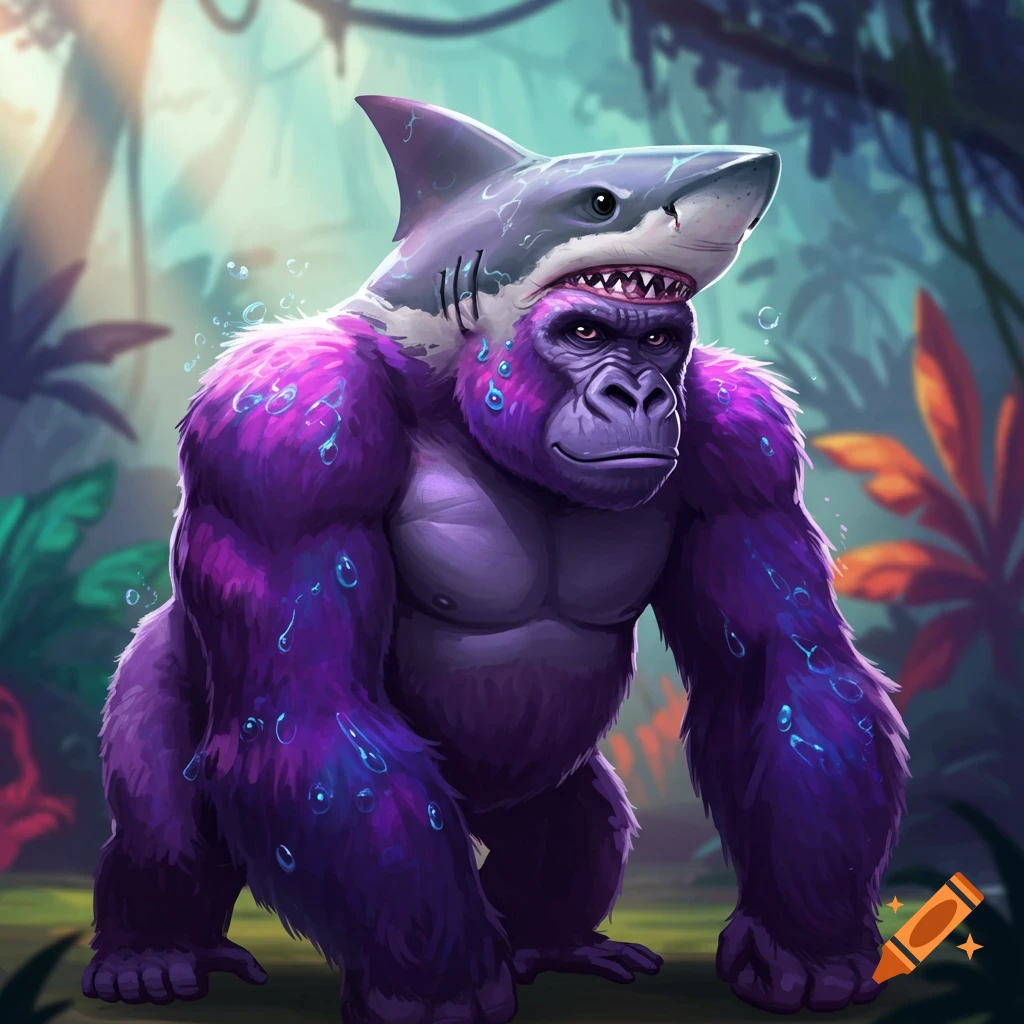 A stylized purple gorilla with a shark head on its head stands in a lush jungle.