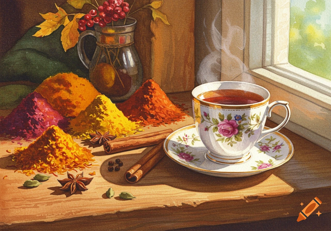 A cozy watercolor still life with a steaming teacup, colorful spice piles, cinnamon sticks, and star anise on a sunlit wooden table by a window.
