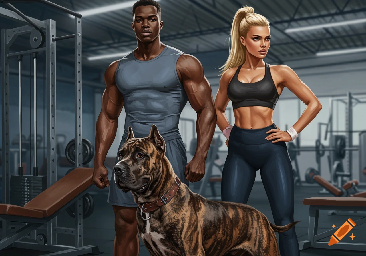 Digital illustration of a muscular Black man and a fit blonde woman standing with a brindle Presa Canario dog in a gym.