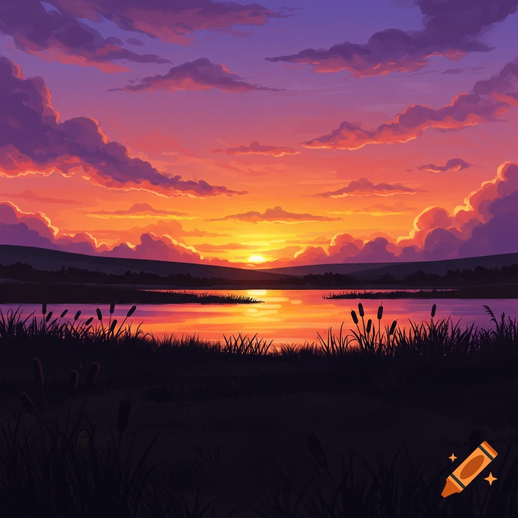 Vibrant illustration of a colorful sunset over a tranquil lake with silhouetted hills and reeds in the foreground.