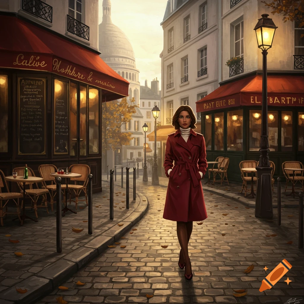 A woman in a red trench coat walks on a cobblestone Parisian street with cafes and the Sacr e-C our basilica in the background.