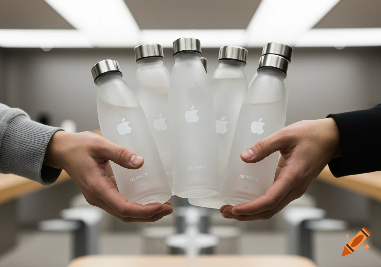 Close-up of two hands holding a fan of five translucent white water bottles, each featuring a white Apple logo and a silver cap. The background is a blurred modern retail interior.