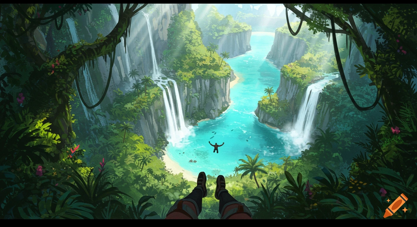 Illustrated first-person view looking down at a lush tropical jungle, waterfalls, and a clear blue lagoon with a person floating in it.
