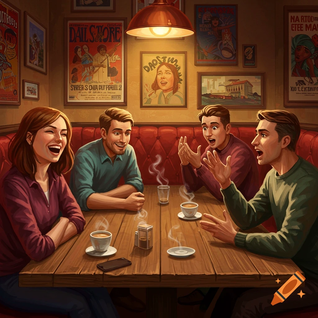 Four friends laugh and talk at a wooden table in a warmly lit cafe or pub, with posters on the wall, in an illustrative style.