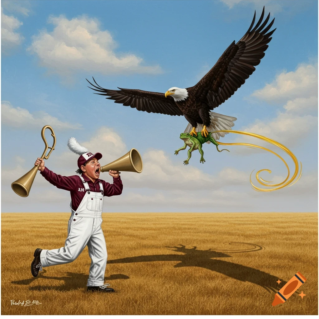 A cartoon yell leader in white overalls and a maroon shirt and cap, holding a frog gig and a megaphone, shouts at an eagle flying overhead with a frog in its talons, leaving a golden trail in a golden field under a blue sky.