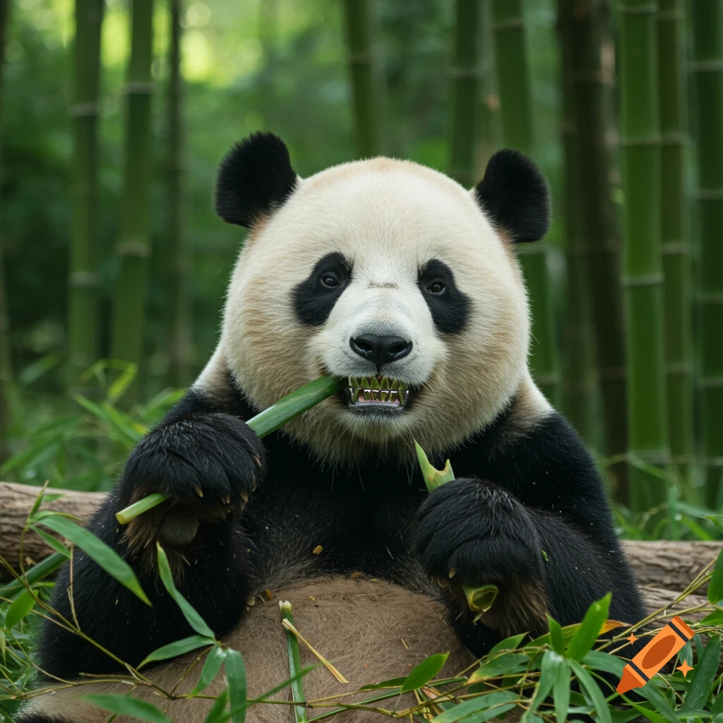 Photorealistic panda eating bamboo in a forest, revealing silver grills.