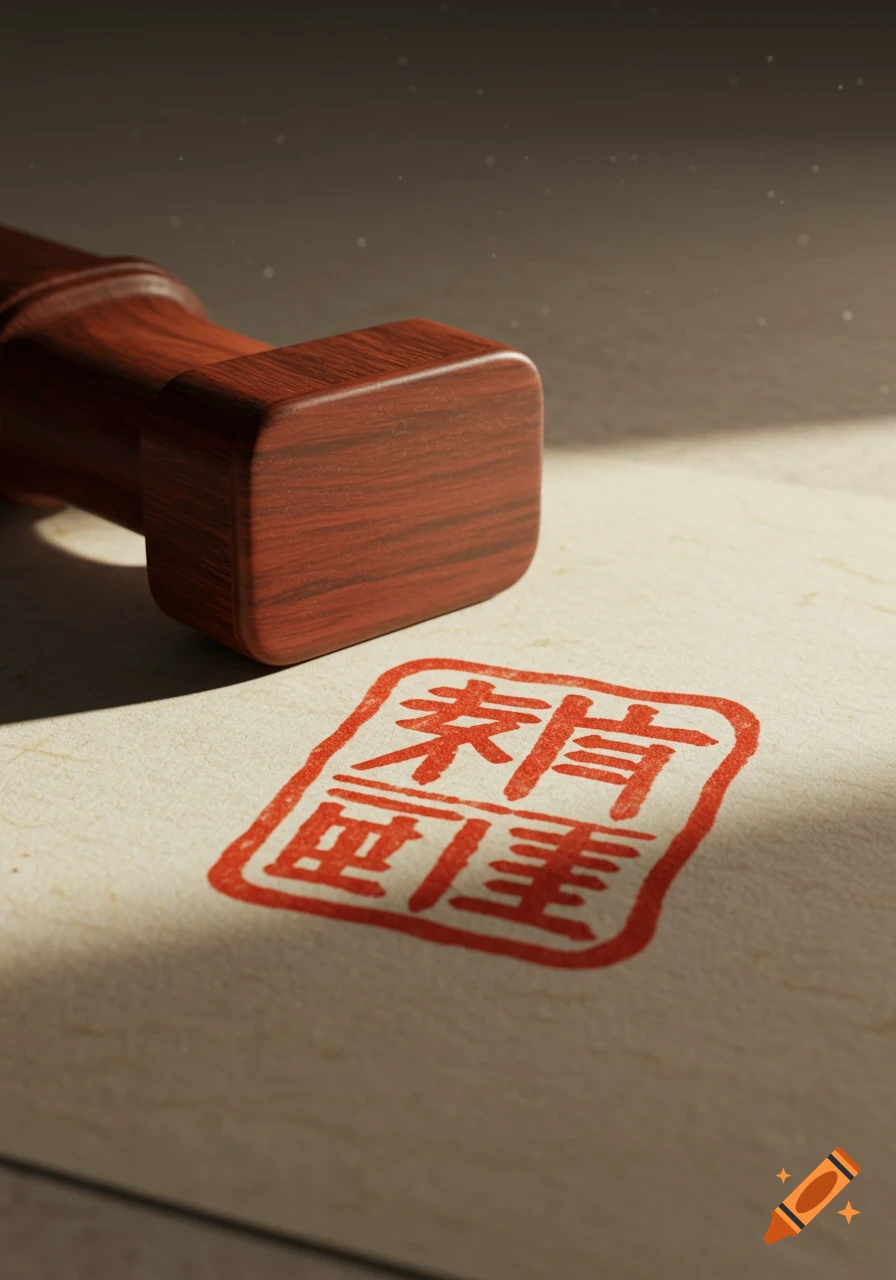 A close-up shot of a wooden traditional stamp lying next to its red square impression with stylized Asian characters on textured paper.