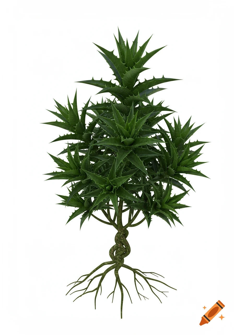 A stylized illustration of a green, spiky plant with a twisted stem and visible roots on a white background.