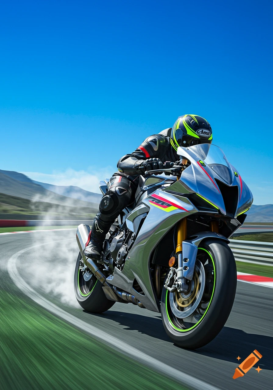 A racer on a silver sport motorcycle leaning into a turn on a racetrack under a clear blue sky, with motion blur.