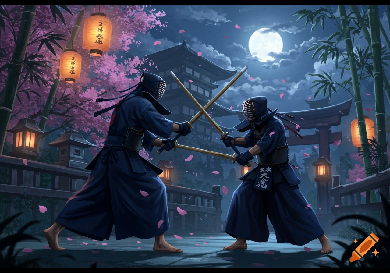 Two kendo practitioners in traditional gear spar with bamboo swords under a full moon, surrounded by cherry blossoms and Japanese architecture in an anime style.