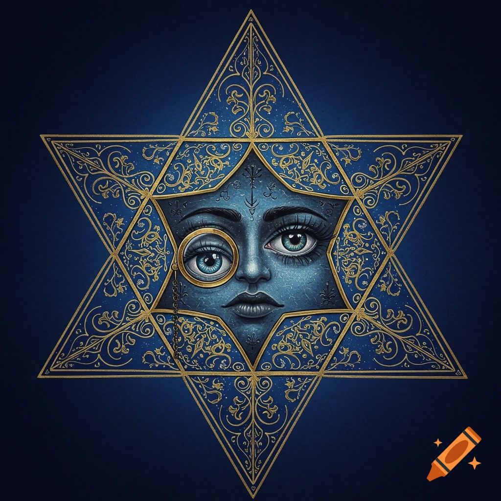 A stylized blue face with a monocle in one eye, set within a complex golden ornate six-pointed star, on a dark blue background.