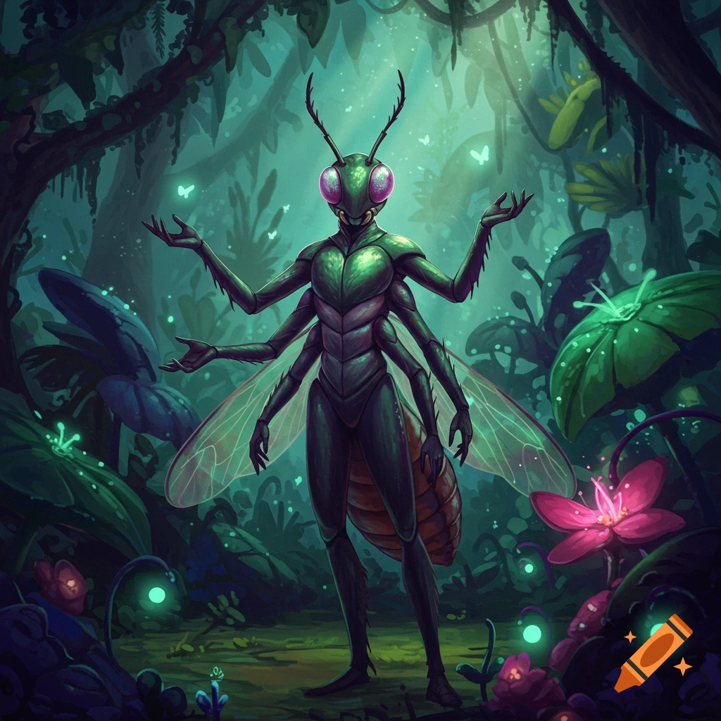 A four-armed green insectoid creature with purple eyes and translucent wings stands in a vibrant, glowing fantasy jungle.