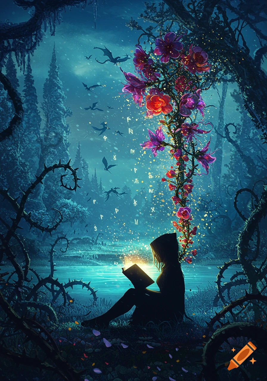 A hooded figure reads a glowing book in a dark magical forest, surrounded by vibrant flowers, flying creatures, and glowing runes.