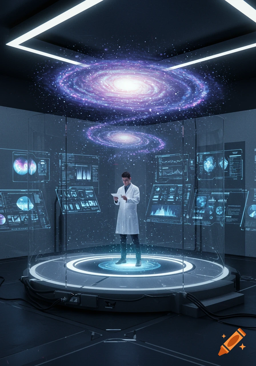 A scientist in a white lab coat stands on a glowing platform in a futuristic lab with holographic screens and projected galaxies.