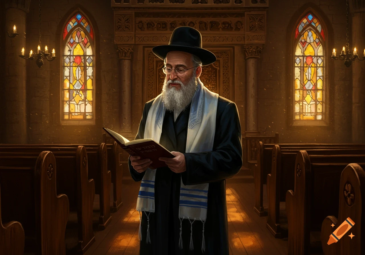 An old rabbi with a beard and hat reads from a book in a synagogue with stained-glass windows and wooden pews.