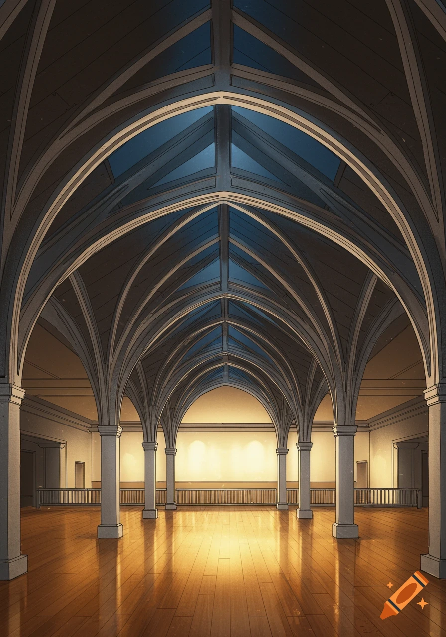An empty grand hall with high vaulted ceilings, numerous arches, columns, and a polished wooden floor reflecting light, in a stylized illustration.