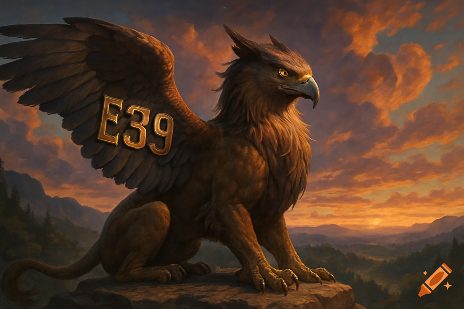 A majestic griffin with 'E39' on its wing perches on a rock against a vibrant sunset over mountains.