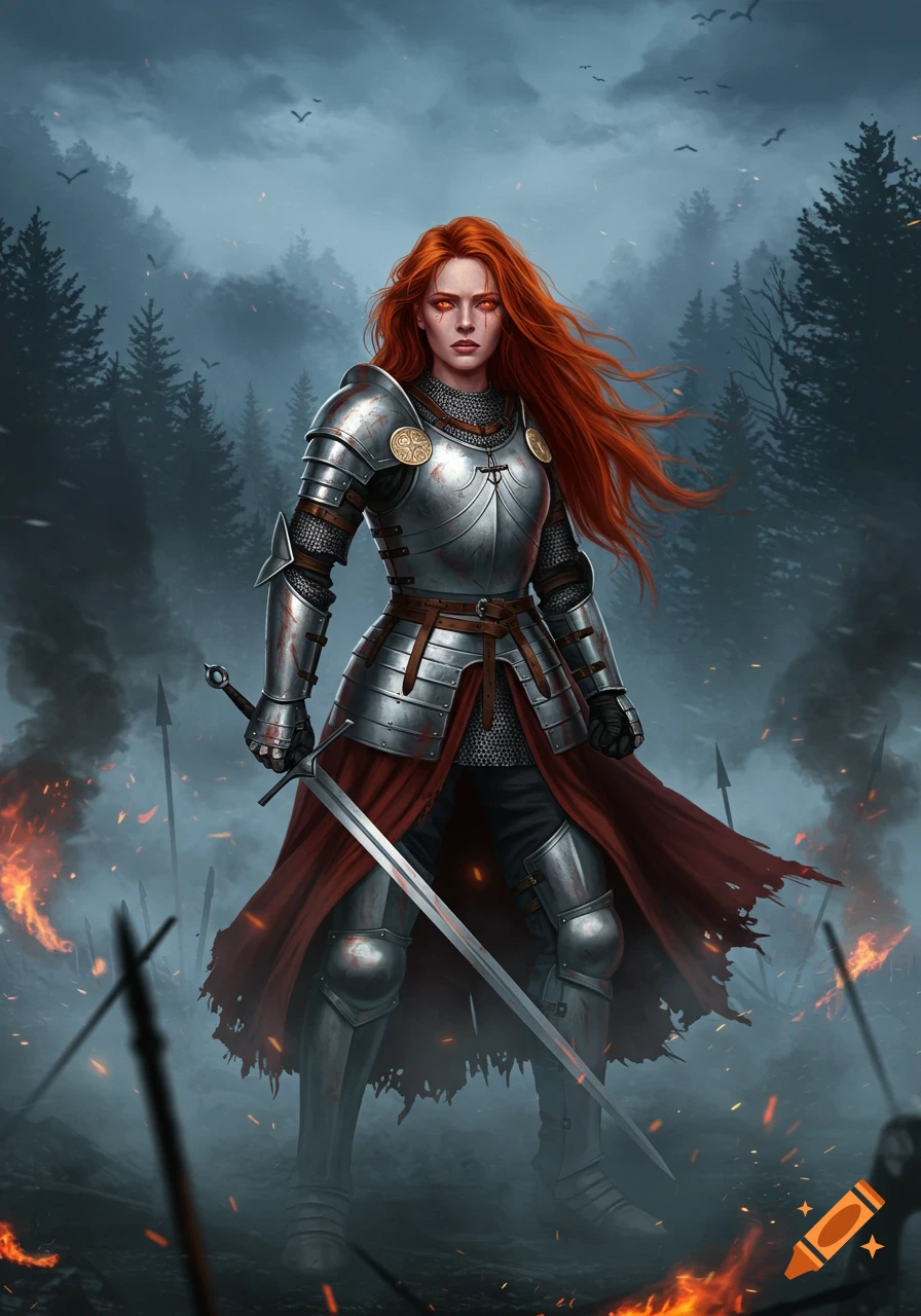 A red-haired warrior woman in plate armor stands with a sword on a smoky, fiery battlefield with a dark forest behind her.