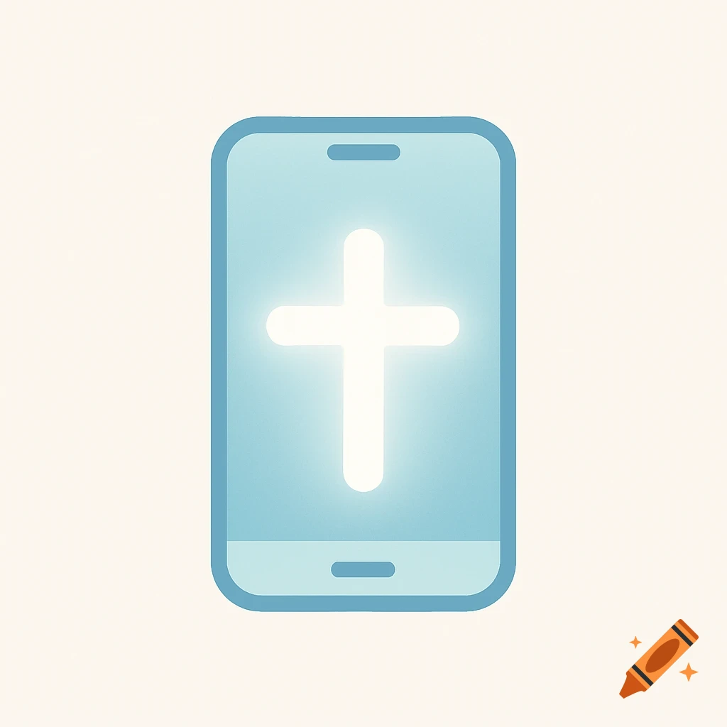 A minimalist flat logo of a glowing white cross displayed on a light blue smartphone screen.