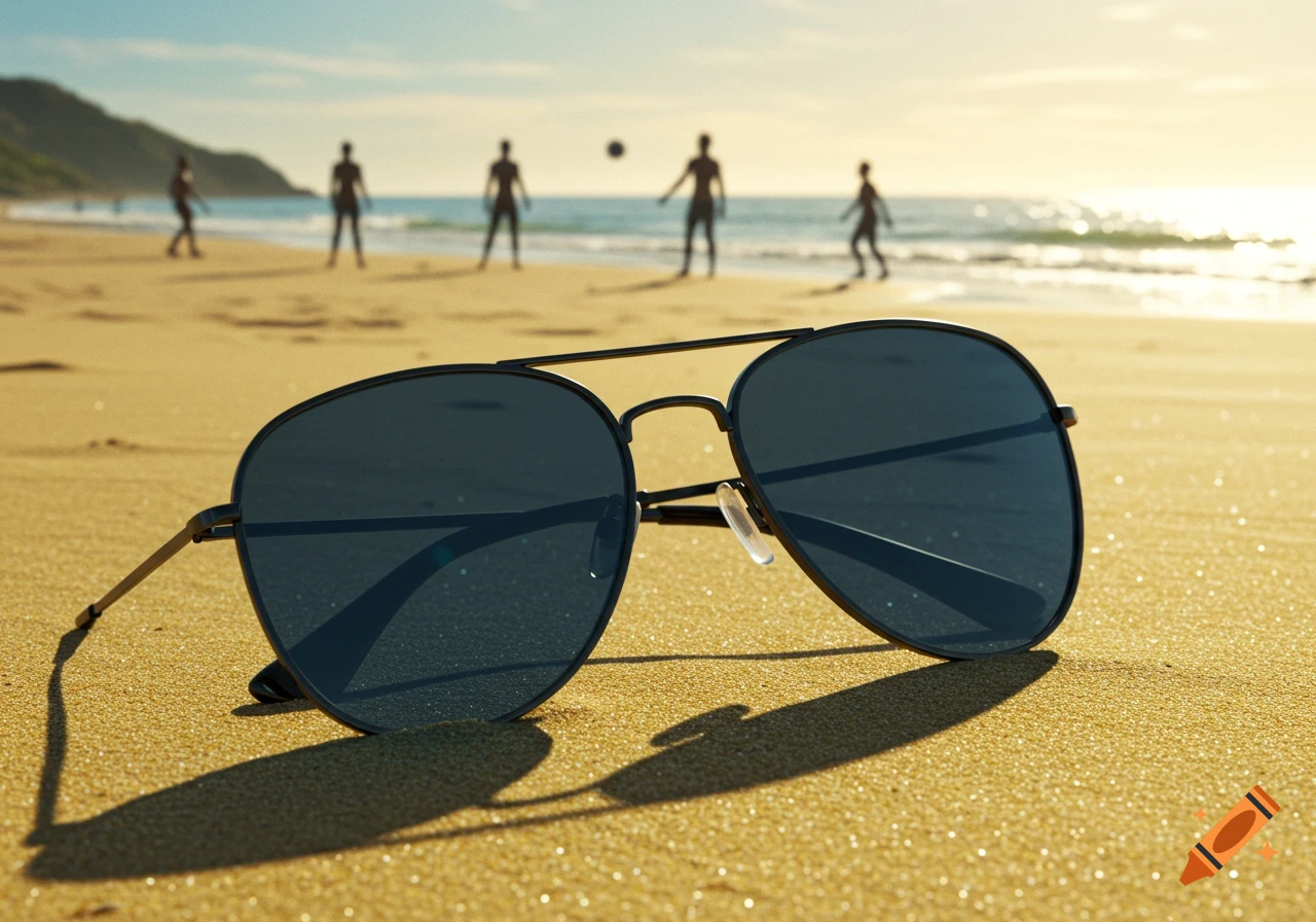 Black aviator sunglasses resting on golden sand at a sunny beach, with blurred figures playing by the ocean in the background.