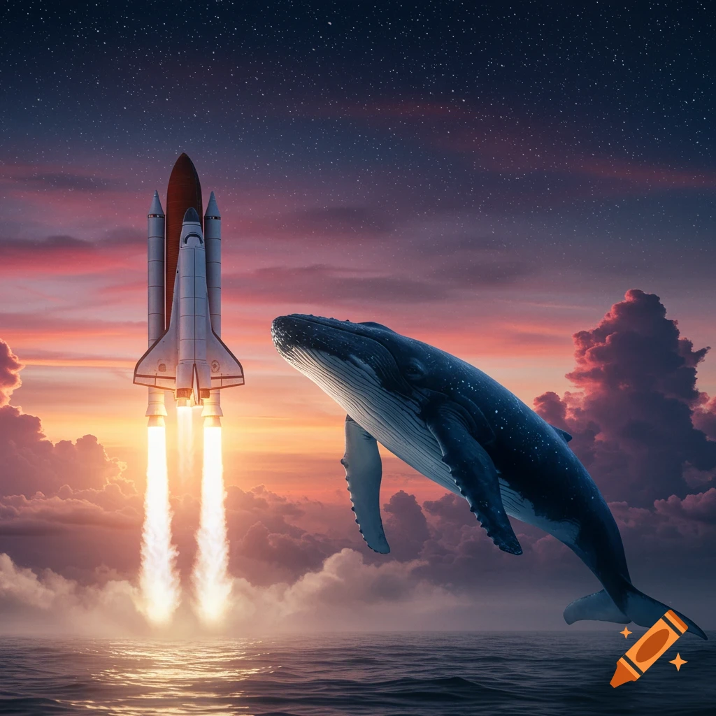 A space shuttle launches from the ocean as a giant whale flies in a starry sunset sky.