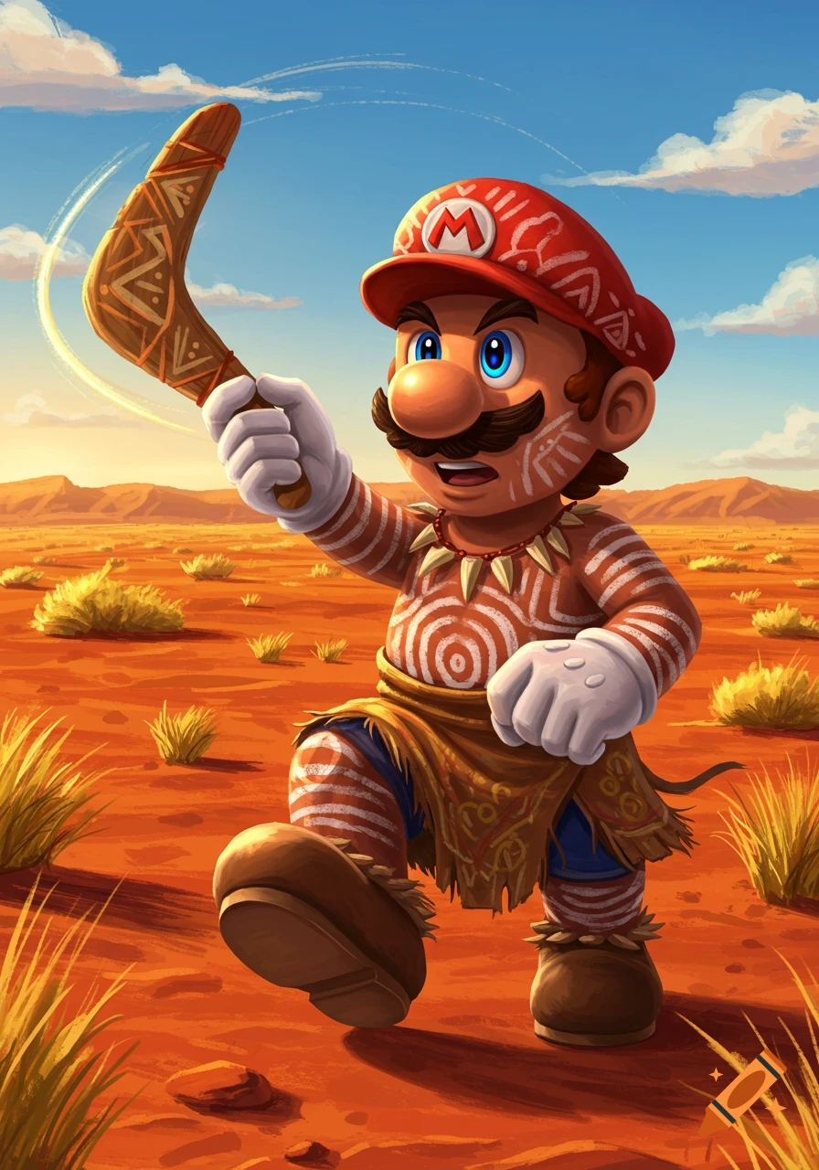 Mario in a tribal-inspired outfit and body paint, holding a boomerang in a desert landscape.