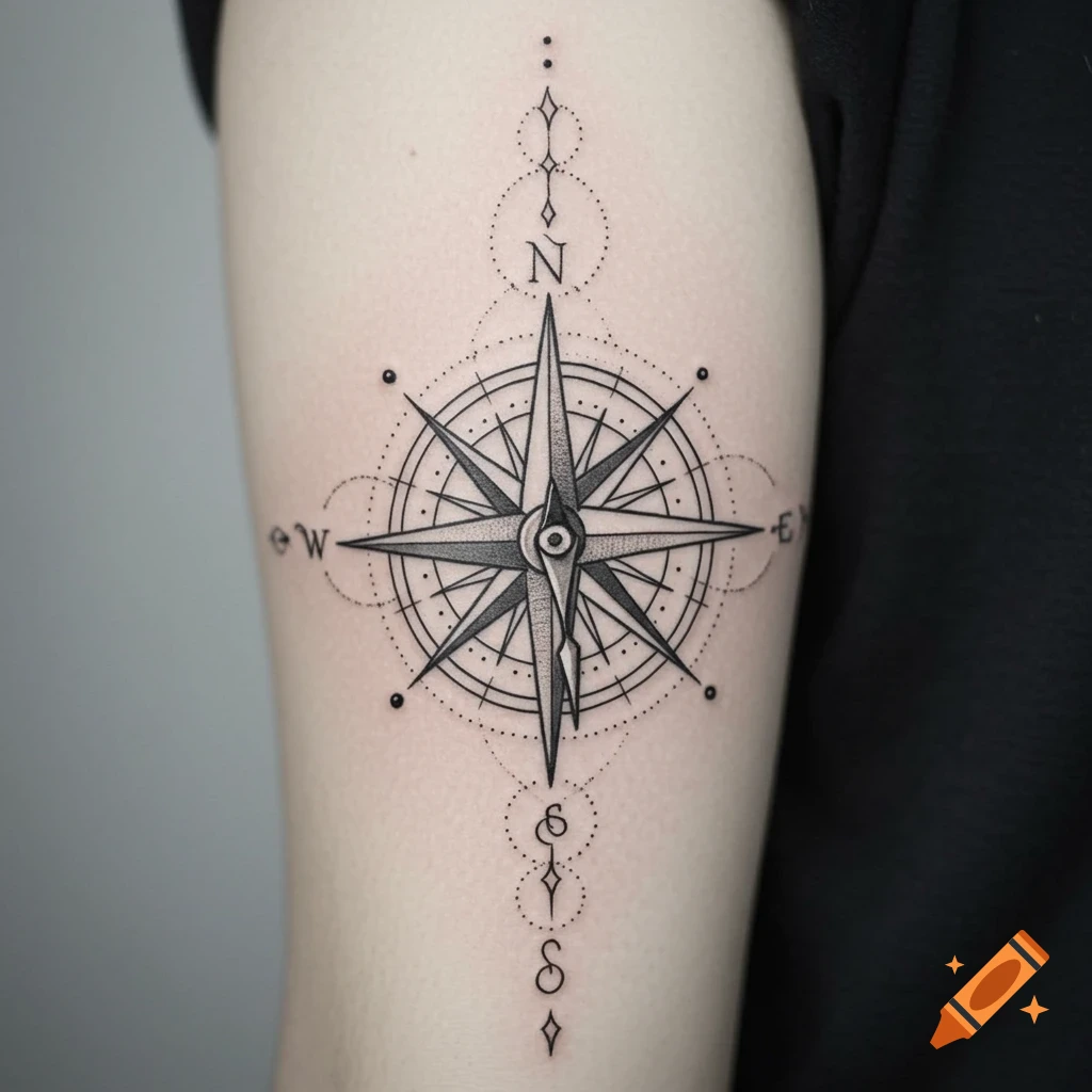Minimalist black and white compass rose tattoo on an arm, featuring directional letters N, E, S, W.