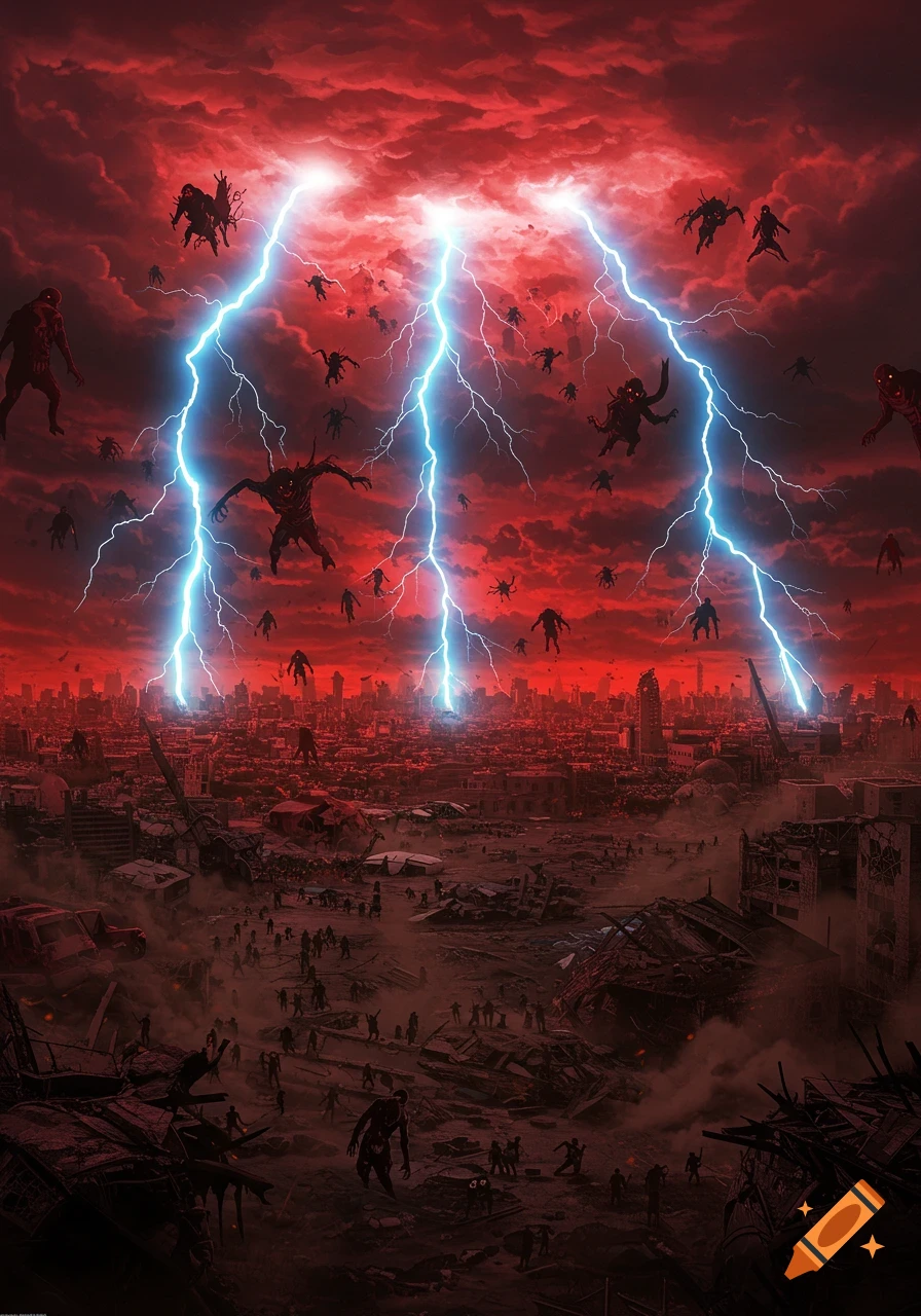 Monsters and zombies descend from a red, stormy sky with lightning into a ruined, apocalyptic city. Dark, illustrative style.