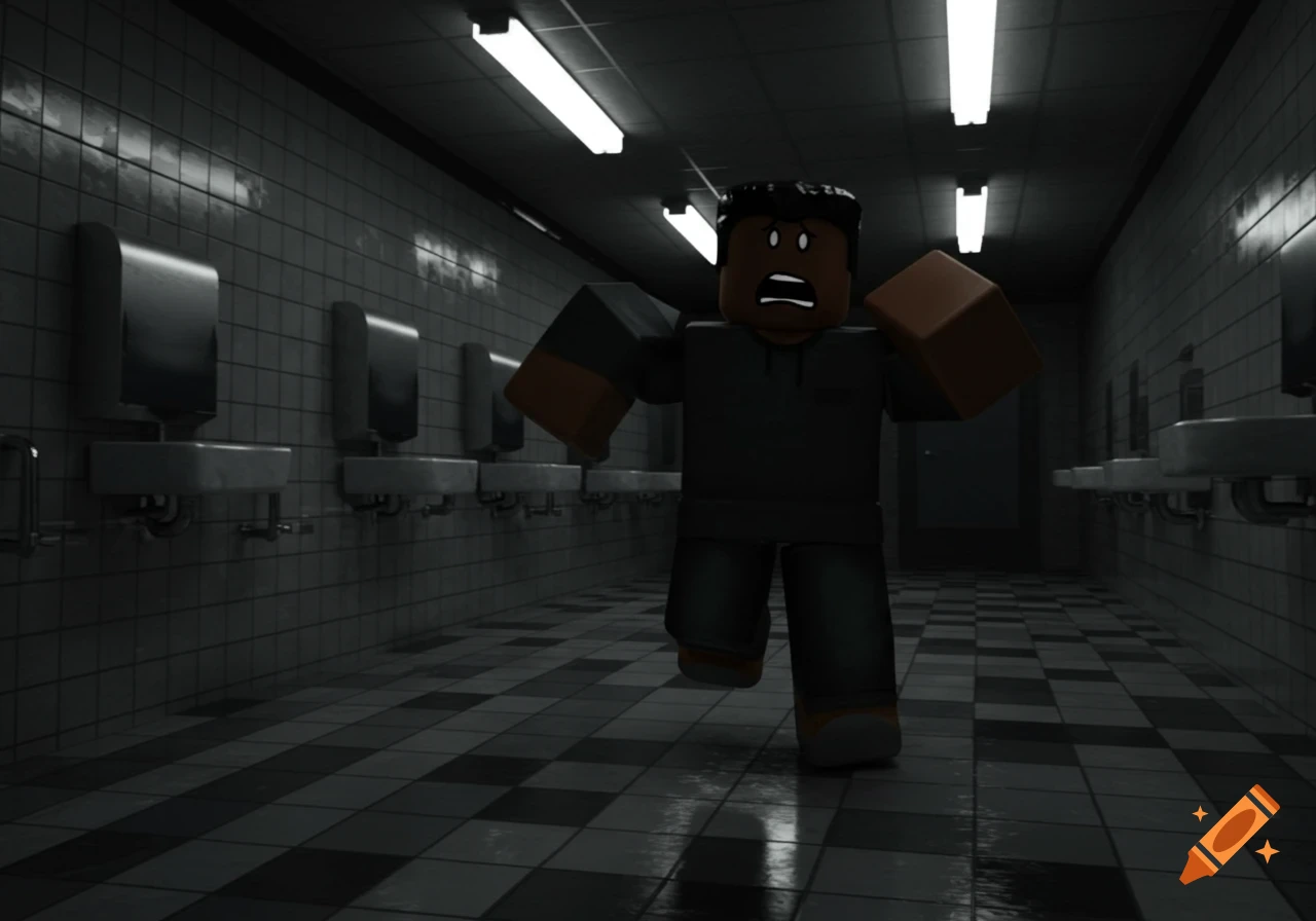 A scared Roblox character with dark skin runs through a dimly lit, tiled public bathroom.