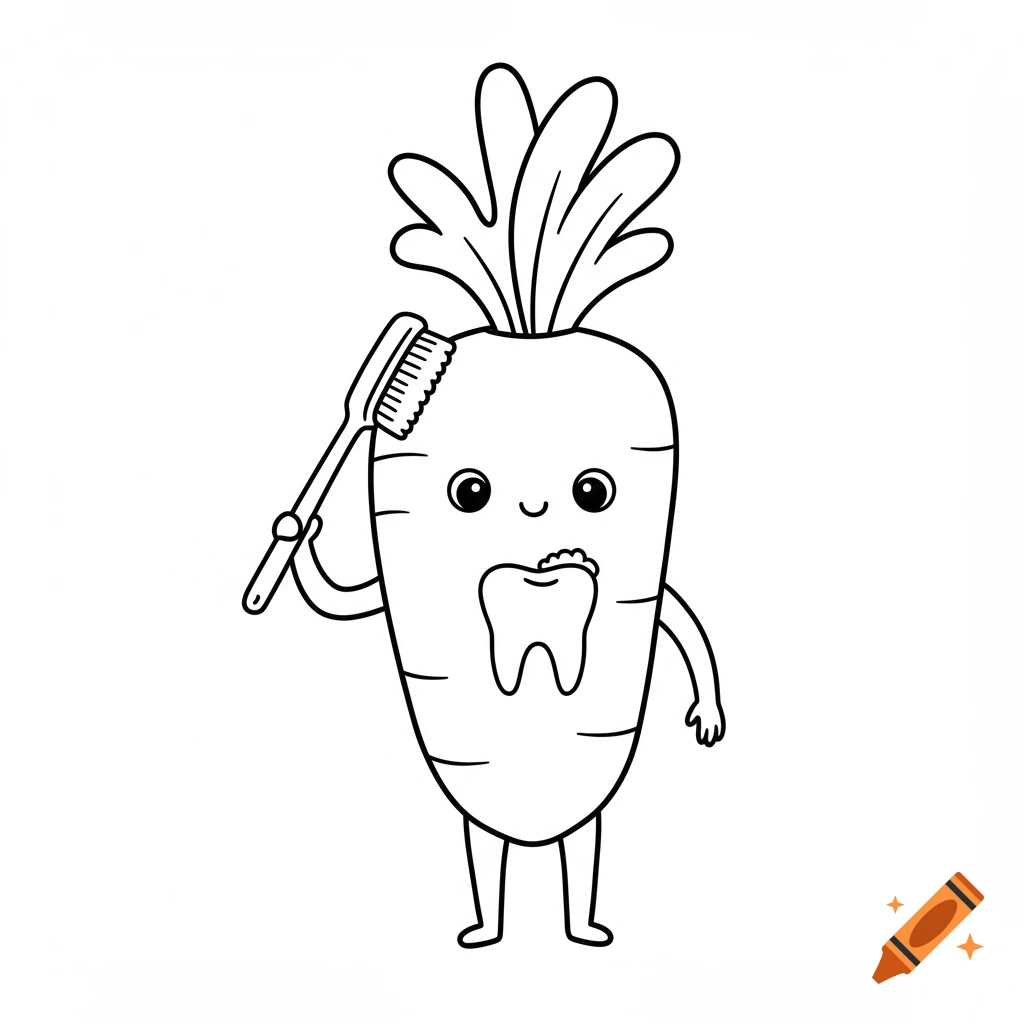 A happy cartoon carrot character brushing a tooth with a toothbrush, in a black outline drawing style.