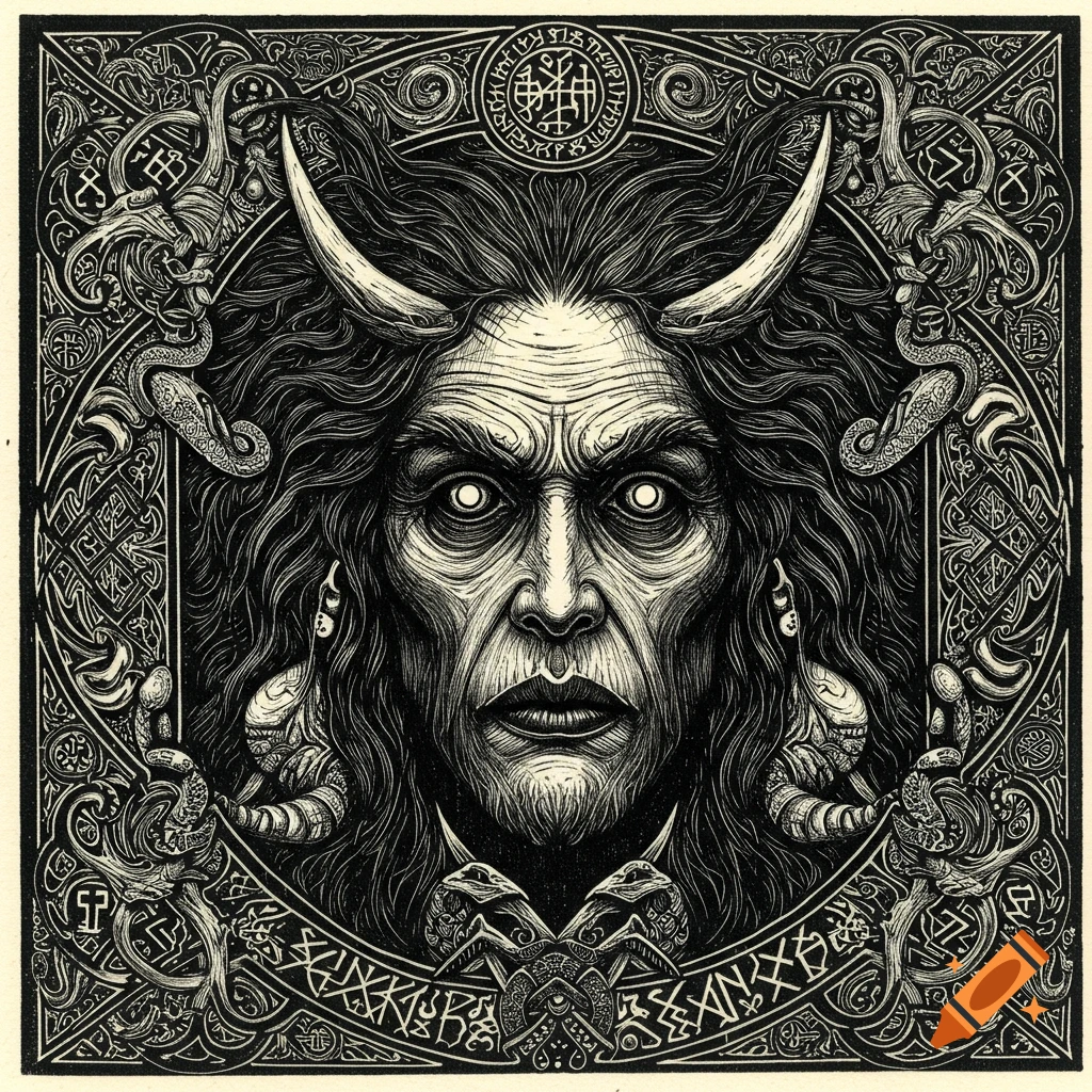 A dark, intricate black and white woodcut of a horned, ghoulish face with glowing eyes and flowing hair, framed by serpents and mystic symbols.