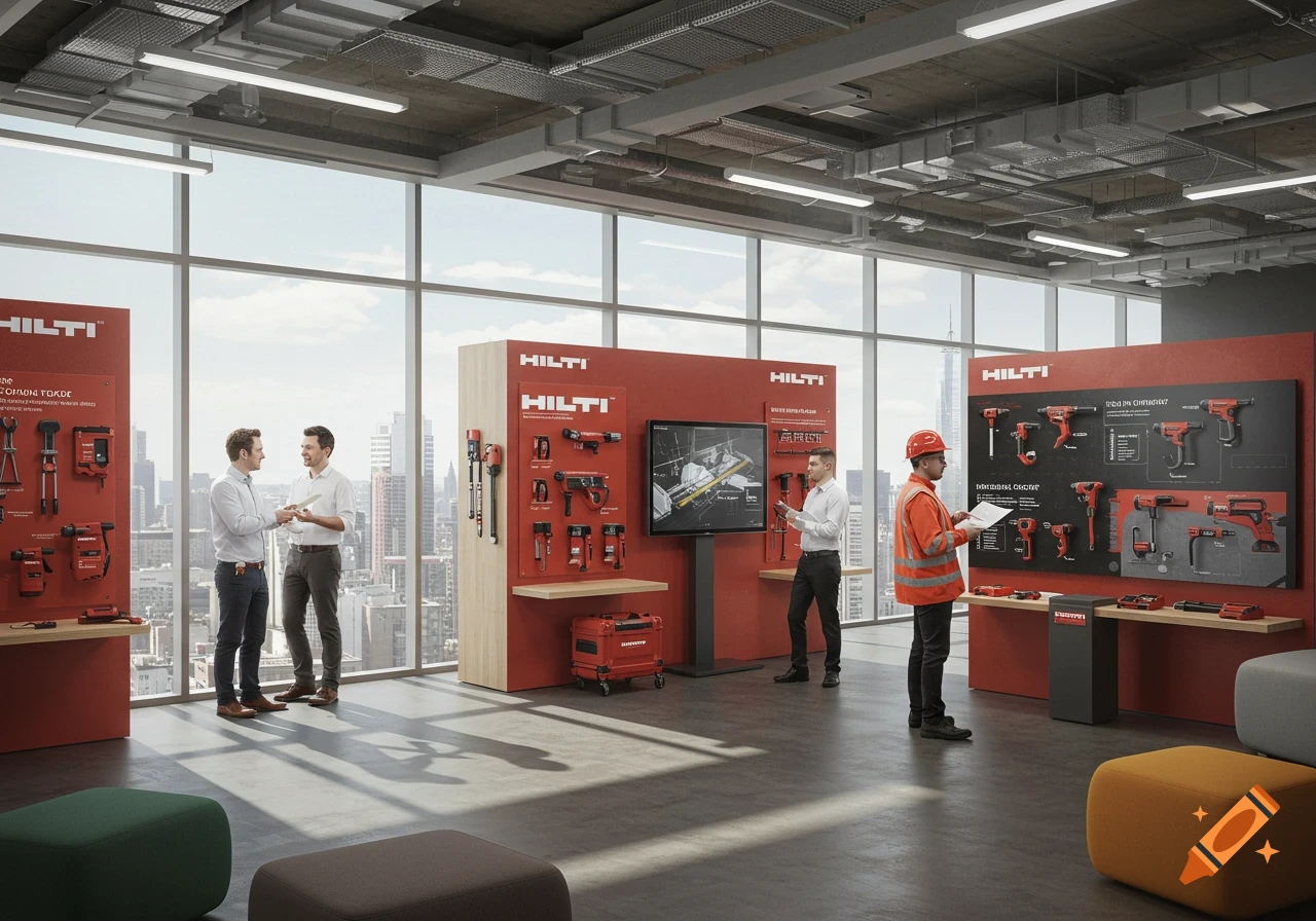 Modern Hilti showroom with men discussing business and displaying industrial tools, city skyline visible through windows.