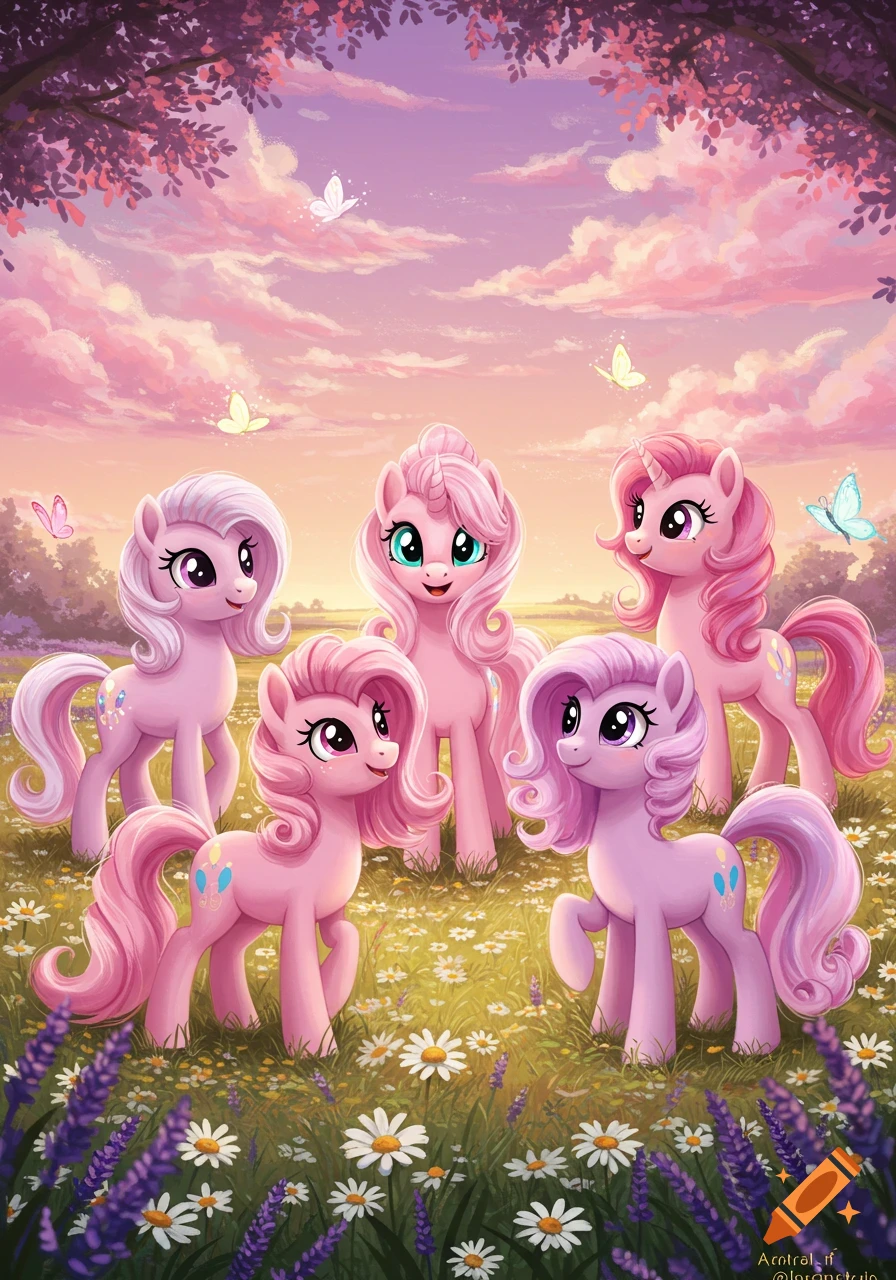 Multiple pink cartoon ponies with vibrant manes and tails stand in a field of white and purple flowers under a pink and purple sunset sky with butterflies.