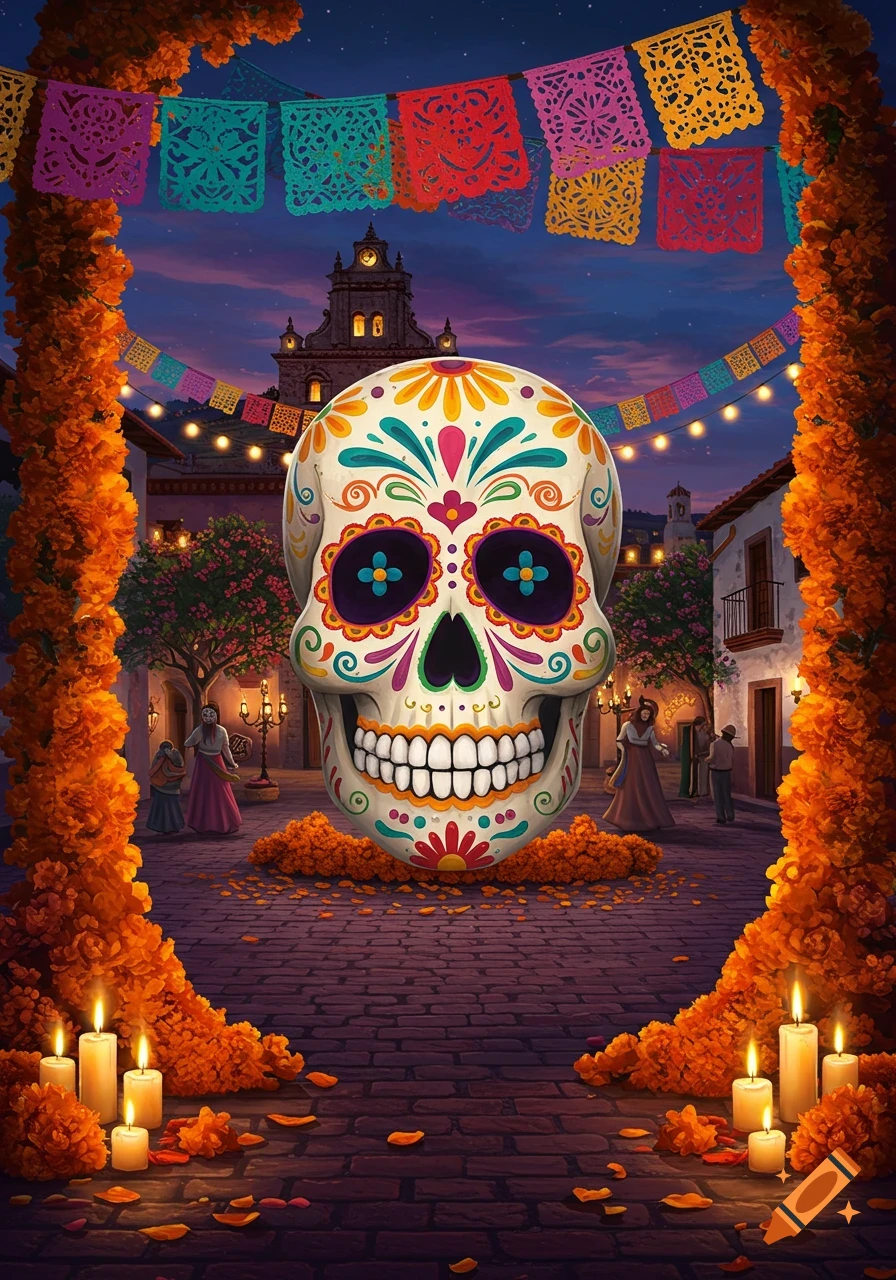 Vibrant sugar skull central to a festive Day of the Dead street scene with marigold garlands, candles, and papel picado banners.
