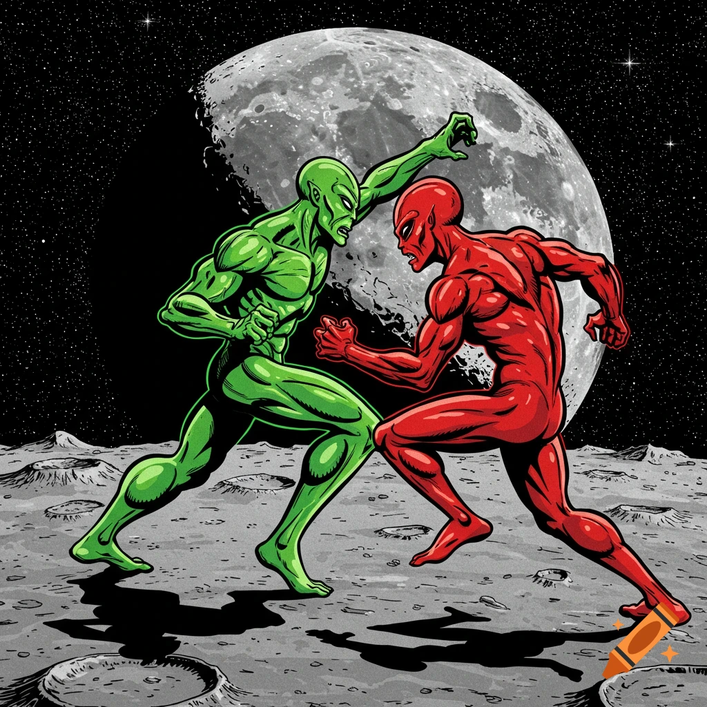 A vibrant comic art illustration of a green alien and a red alien in a confrontational pose on the moon's surface, with stars behind.