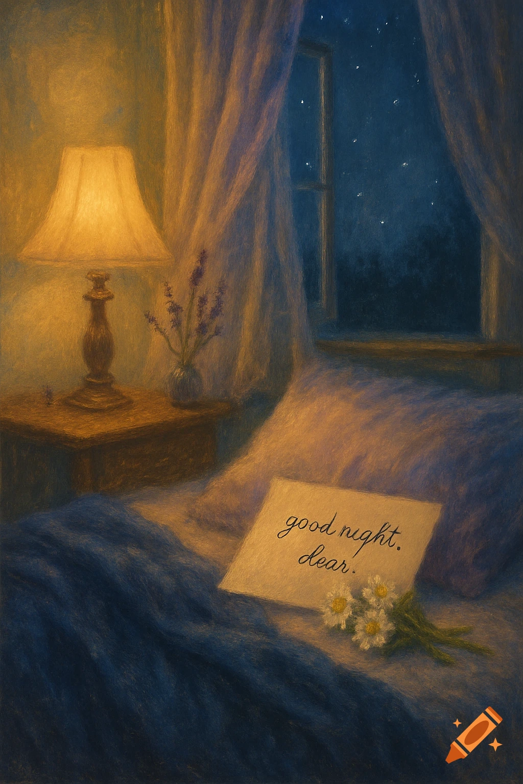 A cozy bedroom night scene with a glowing lamp, a window showing stars, and a 'good night. dear.' note with daisies on the bed, in a textured painting style.