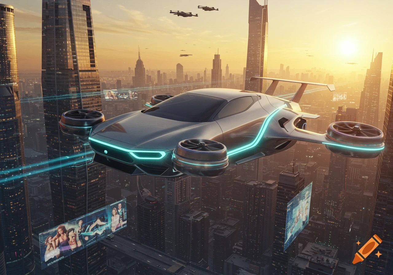 A sleek silver flying car with glowing blue accents hovers above a futuristic city skyline at sunset, with other flying vehicles and holographic screens.